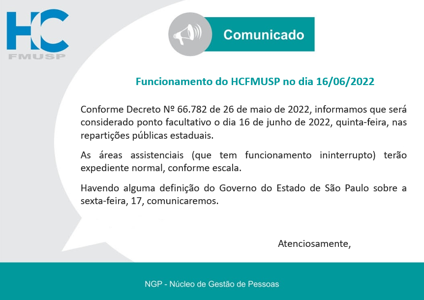 Funcionamento do HCFMUSP dia 16 de junho de 2022